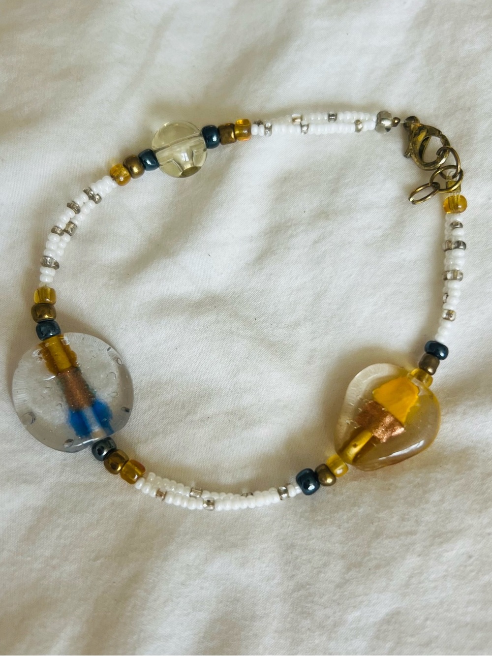 Handmade White, Gold & Blue Glass Bead Bracelet